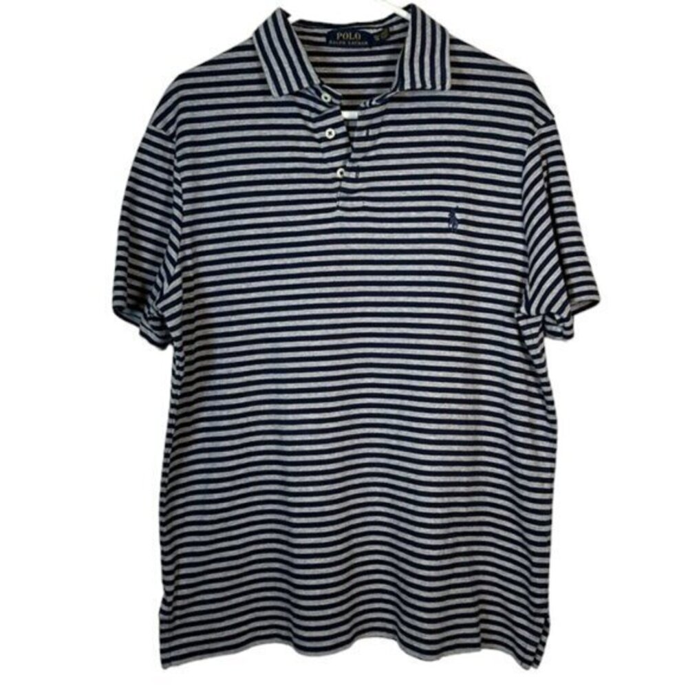 VINTAGE Polo Ralph Lauren Navy & Gray Striped S/S Polo Shirt Size XL EUC #0908AZ